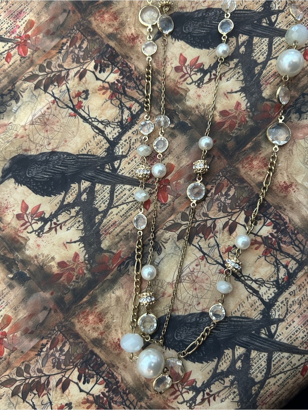 Ann Taylor Signed Gold Multi Strand Graduated Pearl & Crystal Station Necklace